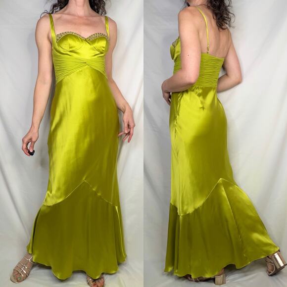Adrianna Papell silk corset dress maxi gown long prom formal evening chartreuse - Picture 17 of 17